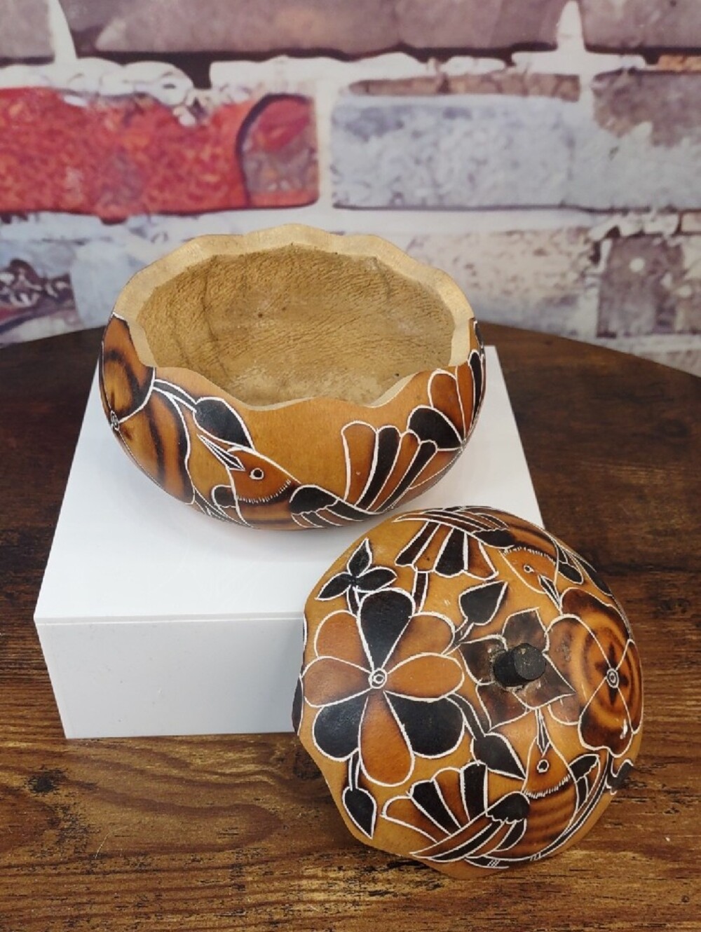 Artisan Crafted Gourd Art Trinket Box w/Bird Carving